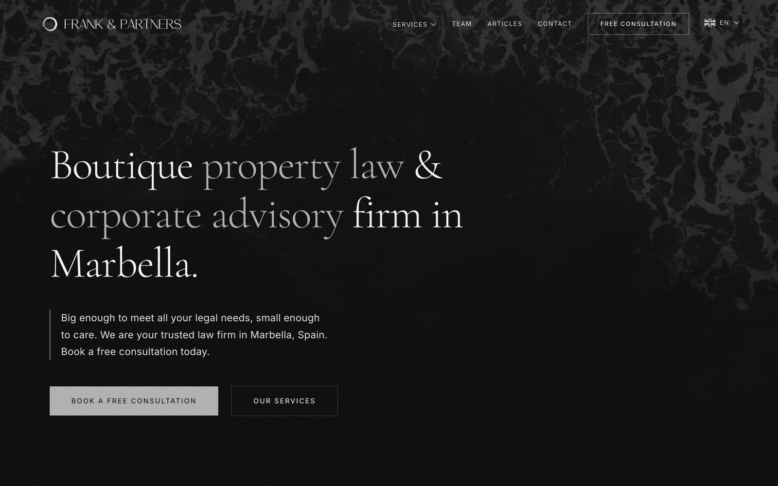 The Frank & Partners homepage: boutique property and corporate law in Marbella.